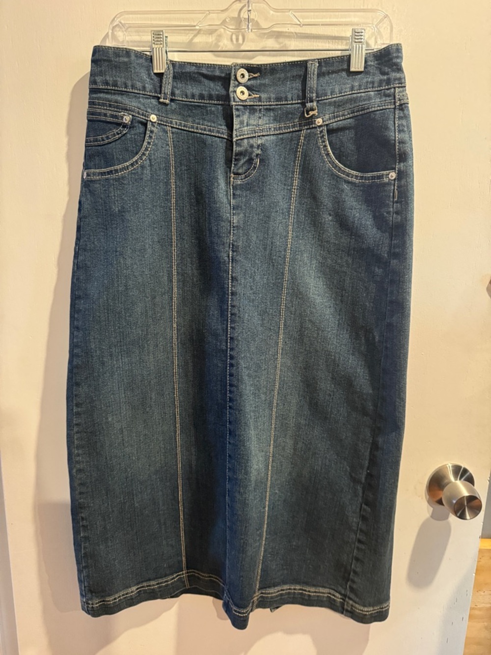 Style & Co Tummy Control Denim Midi Skirt Size 6 Petite | Stretch Jean